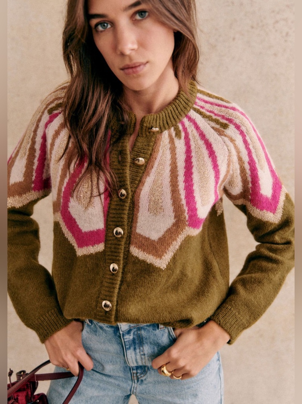 Sézane Hamel Khaki Knit Cardigan alpaca jacquard knit cardigan XXS green pink